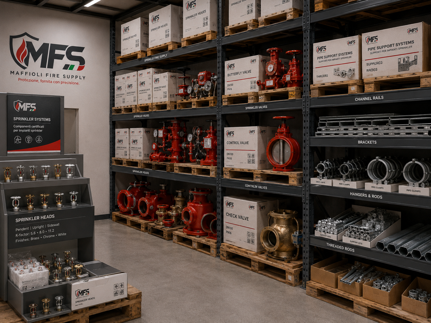 Magazzino MFS con sistemi sprinkler, valvole e supporti per impianti antincendio